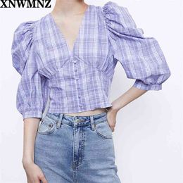 France Cropped Women blouse Vintage Puff Sleeve Crop Top Centre Buttons blusas mujer de moda 210520