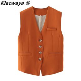 Women Simply Sleeveless Single Breasted Orange Vest Jacket Office Lady Slim Suit WaistCoat Pockets Outwear Tops 210521