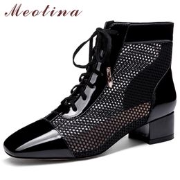 Women Boots Real Leather Ankle Lace Up Cutout Thick Heel Short Genuine Square Toe Shoes Lady Fall 39 210517