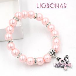 perles roses du cancer du sein Promotion Perlé, brins en gros bracelet de sensibilisation au cancer du sein Bracelet d'aile d'ange rose ruban perle pour femme fille pulsera bijoux
