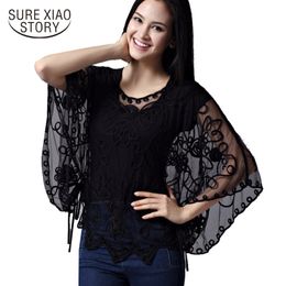 High Quality Women's Summer Blusas Femininas Loose Hollow Blouse Chiffon Lace Perspective Bat Shirt Women Cardigan 803J 38 210415