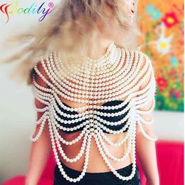 2021 Punk Metal Statement ABS Pearl Women Collar Shoulder Long Chain Pendants Necklaces Sexy Body Jewellery Accessories