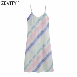 Zevity Women Vintage Colourful Tie Dyed Print Casual Sling Midi Dress Female Chic Backless Spaghetti Strap Summer Vestidos DS8203 210623