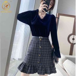 Fashion Runway Spring Trumpet Mermaid Dress Women's Flare Sleeves Vintage Velvet Patchwork Tweed Vestido De Mujer 210520