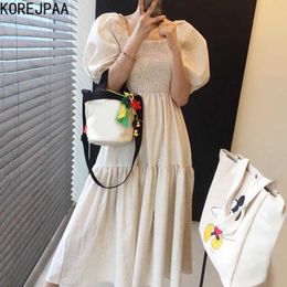 Korejpaa Women Dress Summer Korean Chic Simple Elegant Temperament Square Collar Fold Design Waist Puff Sleeve Long Dresses 210526