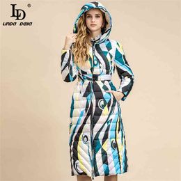 Designer Sprint Fashion White Duck Down Overcoat Women Long sleeve Print Belt Lady Elegant Hooded Coat 210522