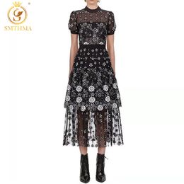 Luxury Runway Summer Dress Women Embroidery lace dress round collor short sleeve female black flower midi 210520