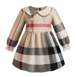Spring Fall Baby Girls Long Sleeve Dress Cotton Kids Plaid Princess Dresses Turn-Down Collar Children Skirt 2-7 Years