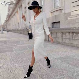 Fashion Fall Runway Dress Ladies V-neck Long Sleeve Pocket Single Breasted Woolen Sexy Celebrity Party 210525