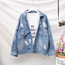 JVCAKE Coat Jacket Women 4XL Winter Denim Oversized Jackets Plus Size Cotton Embroidery Lapel Jean Blue Woman 210914