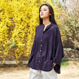 Johnature Women Cotton Linen Shirts Vintage Blouses Summer Stand Button Bat Sleeve Solid Colour Plus Size Women Shirts 210521