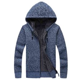 Winter Men Sweatercoat Hooded Cardigan Mens Thick Velvet Jacket Casual Knitted Sweater Mens Cardigan Winter Sweater Man Clothes 210813