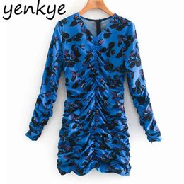 Autumn Vintage Floral Print Draped Women Long Sleeve V Neck Sexy Bodycon Mini Dresses Short Vestido XNWM9792 210514