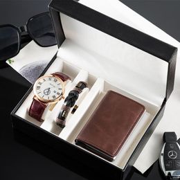 Wristwatches Wholesale Men Quartz Watches 3Pcs/Set High Quality Cow Leather Bracelet And Card Wallet Gift Box Set Free