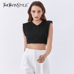 TWOWINSYLE Solid Black Shirt For Women O Neck Sleeveless Casual Short Shirts Female Fashion Clothing Summer Stylish 210524