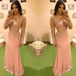 Pink Evening Woman Wear Sexy V Neck Lace Appliques Crystal Beads Mermaid Long Sleeves Formal Party Dress Prom Gowns