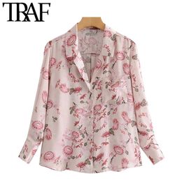 TRAF Women Fashion With Pockets Floral Print Blouses Vintage Long Sleeve Button-up Female Shirts Blusas Chic Tops 210415