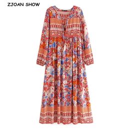 Autumn Bohemian Lace up V neck Location Floral Print Maxi Long Dress Orange Ethnic Woman Tassel Sleeve Dresses BOHO 210429