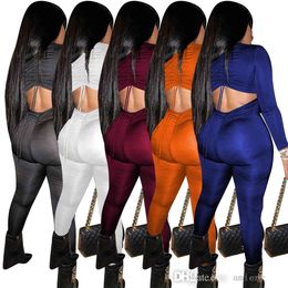 Women Outdoor Hollow Out Jumpsuits Round Neck Long Sleeve Rompers Sexy Backless Drawstring Folds Slim Bodysuits