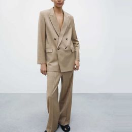 ZA Double Breasted Shoulder Pads Blazer Women Long Sleeve Flap Pockets Office Lady Coat Blazers Woman Chic Khaki Tops 210602