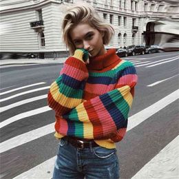 Women Rainbow Sweaters Turtleneck Jumpers Knitted Clothes Fashion Striped Oversize Sweater Pullover Female Streetwear 210914