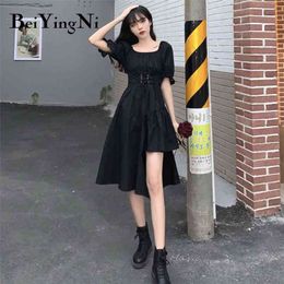 Square Collar Black Dress for Woman Lace-up Casual High Street Irregular Large Size Dresses Girl Vintage Vestido Mujer 210506