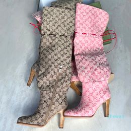 design 2021 Women's knee-high Boots Designer Shoes High Heel Beige Pink Printed Canvas over the knee Boot Zipper Laces
