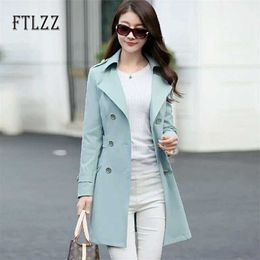 Korean Style Women Trench Coat Fashion Spring Autumn Slim Long Sleeve Turndown Collar Black Casual Thin Coats Windbreaker 210525