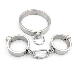 NXY Sex Adult Toy Stainless Steel Bondage Restraints 2pcs/set Neck Collar Handcuffs Games Bdsm Fetish Metal Toys for Couples1216