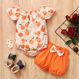 Summer 2pcs Baby Girl Short-sleeve Cotton Vacation Fruit Baby's Sets 210528
