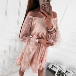 polka dot pink dress off shoulder organza sheer sleeve party dress autumn winter tulle vintage dress vestidos de fiesta 210415