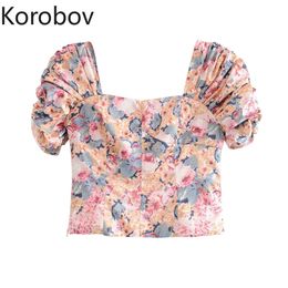 Korobov Summer New Chic Puff Short Sleeve Blouses Vintage Square Collar Elegant Female Shirts Ruched Print Blusas Mujer 2a695 210430