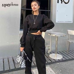 Free Women's Casual Sportswear Set Loose Long Sleeve Plus Velvet Pullover Sweater&Pants Solid Color Two-piece 210524
