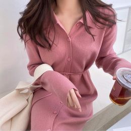 Knitted Women Dress Autumn Winter Clothes Elegant Solid Lace Up Vestidos Korean Robes Hiver Long Dresses 18925 210415