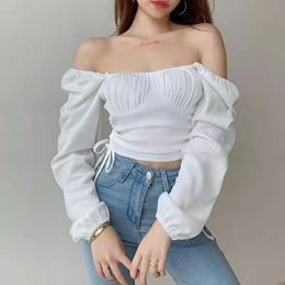 Women High Waist Solid Brief Chic Sexy Puff Sleeves T-Shirts Korean Tops All Match Stylish Female 210421