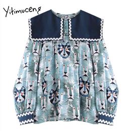 Yitimuceng Floral Print Blouse Women Button Shirts Loose Spring Fashion Korean Sailor Collar Long Sleeve Office Lady Tops 210601