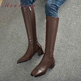 Real Leather High Heel Woman Boots Block Knee Square Toe Shoes Zipper Female Long Autumn Winter 40 210517