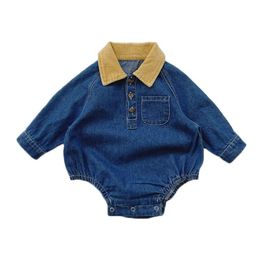 Spring New Baby Boy Denim Bodysuit Long Sleeve Soft Infant Girls Jumpsuits Turn Down Collar Clothes Baby Outfit 210413