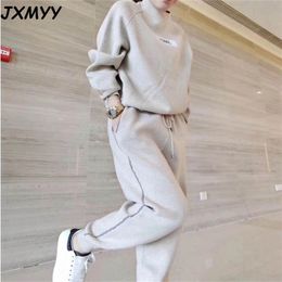 Women's sets autumn winter Woollen and Cashmere Knitted warm Suit O collar Sweater + Harem pants loose style two-piece sets 210412