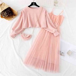 Autumn Winter Women Sweet Two Pieces Suit Knitted Sweater O Neck Sweaters and Dress Set Female 210430
