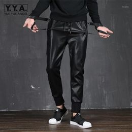 Autumn Mens Pu Leather Pants Harajuku Slim Fit Lace Up Elastic Casual Sweatpants Fashion Biker Trousers Men Pencil Men's