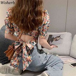 Summer Square Collar Vintage Shirts Female Floral Print Blusas Bandage Backless Crop Tops Fashion All Match Blouse 210519