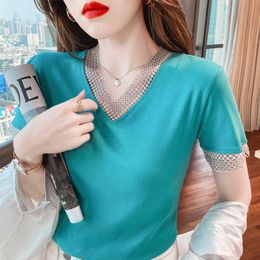 Summer T Shirt Women Hollow Out y2k Casual Womens Tee Shirts Diamond V-Neck Tops Short Sleeve T-shirt Ladies Clothings Blue 210604