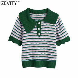 Zevity Women Vintage Color Matching Striped Crochet Knitting Sweater Ladies Short Sleeve Diamond Button Pullovers Tops SW829 210603