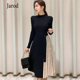 Arrivals Women Fashion Knitted Long Sleeves Office OL Waistband Ladies Casual Pleated Sweater Dresses Vestido Da Festa 210519