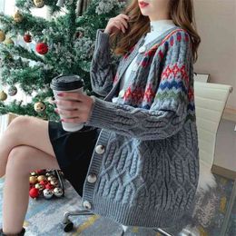 Gray Blue Cardigan Sweater Women Casual Loose Lazy Twist Striped Sweaters Girl Autumn Winter V-neck Long Sleeves 210427