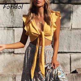 Ruffle Sleeveless Yellow Tank Tops Women Tie Front Bowknot Crop Casual Boho Lace Up Cute Holiday Beach 210427