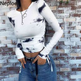 Tie Dye Print Ribbed Women T Shirt Crop Top Bandage Long Sleeve Sexy Streetwear Spring Summer Drawstring Tees 1A397 210422