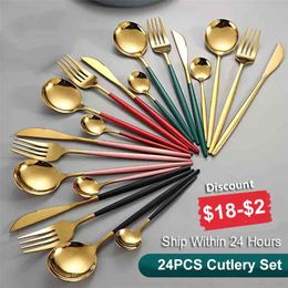 24Pcs/Set Gold Dinnerware Stainless Steel Tableware Knife Fork Spoon Kitchen Flatware Dishwasher Safe Cutlery 210706