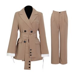 Simple fashion trend ladies casual long-sleeved coats chic blazer+ high-waist trousers office 2-piece set autumn 210510